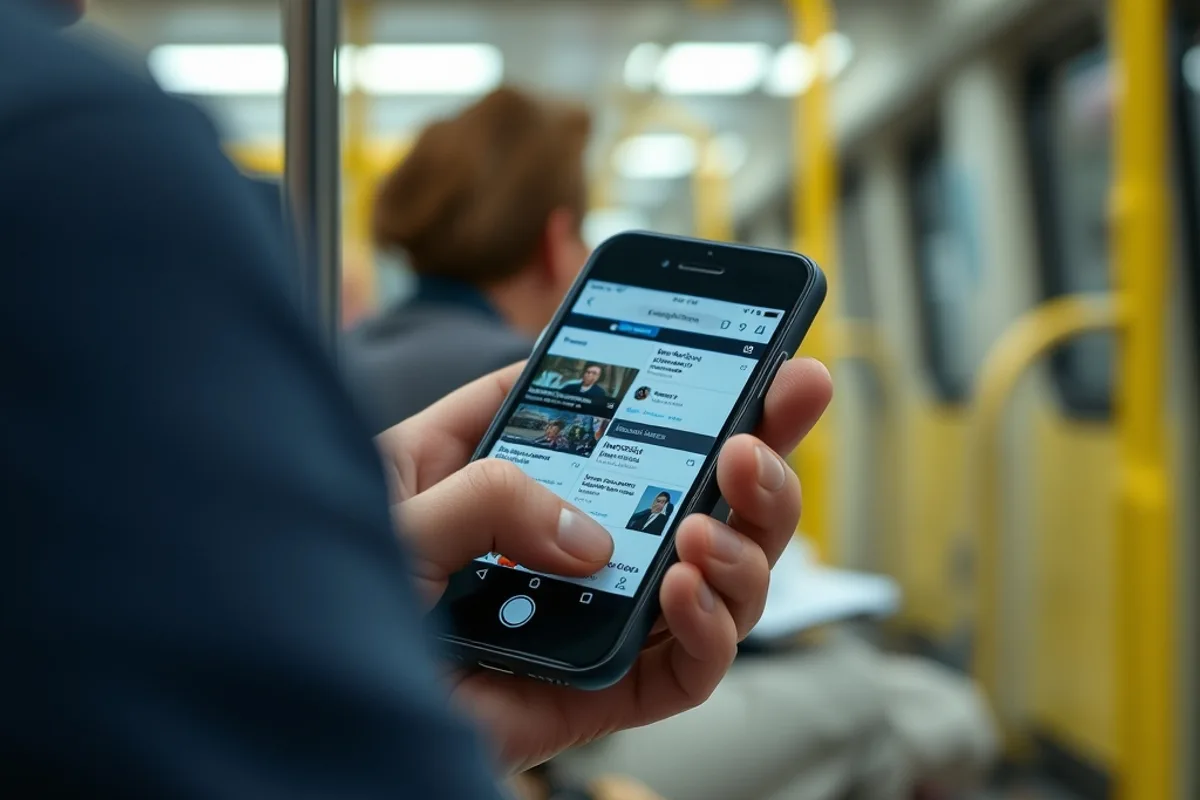 A person glancing at a phone full of news alerts while commuting