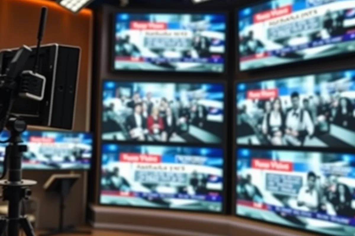 A television news studio with multiple screens showing headlines