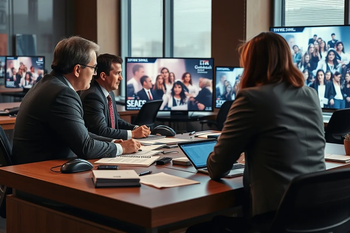 A newsroom desk with editors reviewing a breaking story