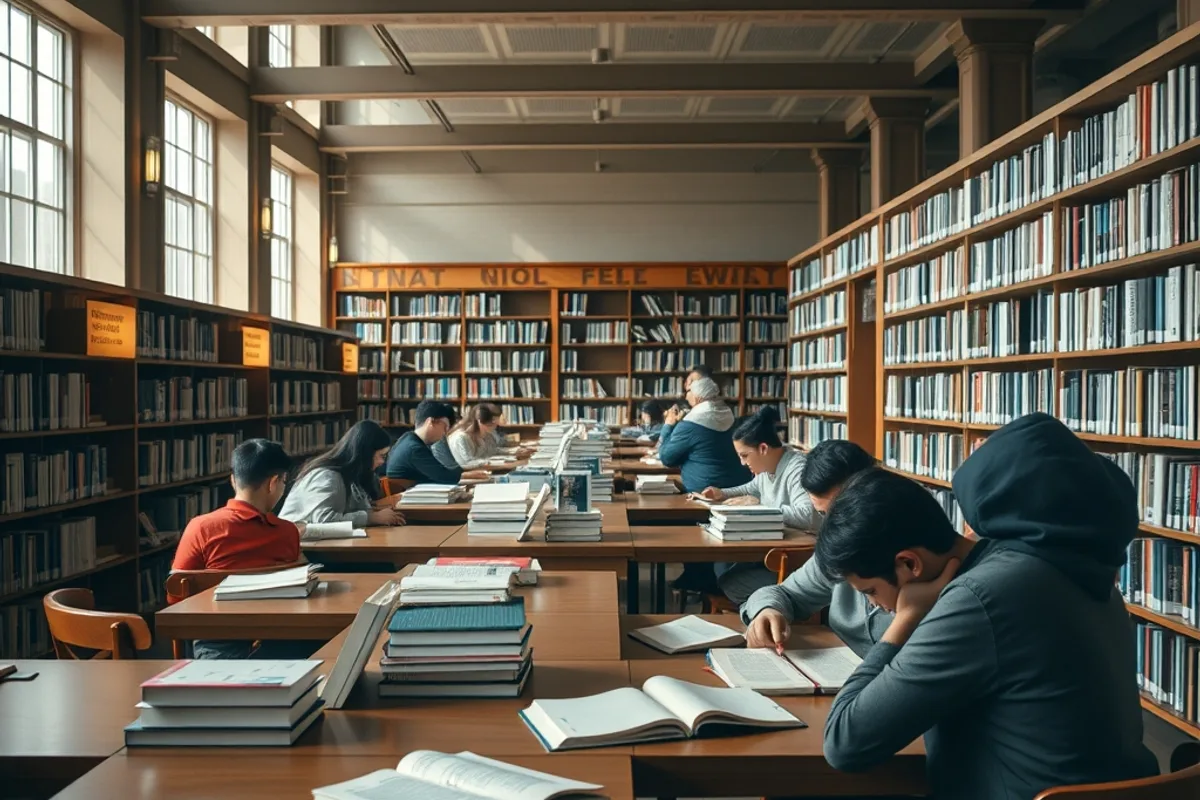 A public library reading room where people study quietly