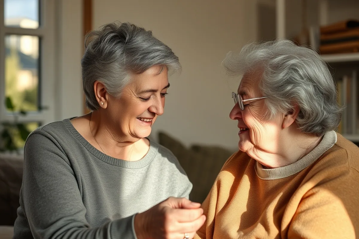 A family member helping an older relative at home in soft daylight