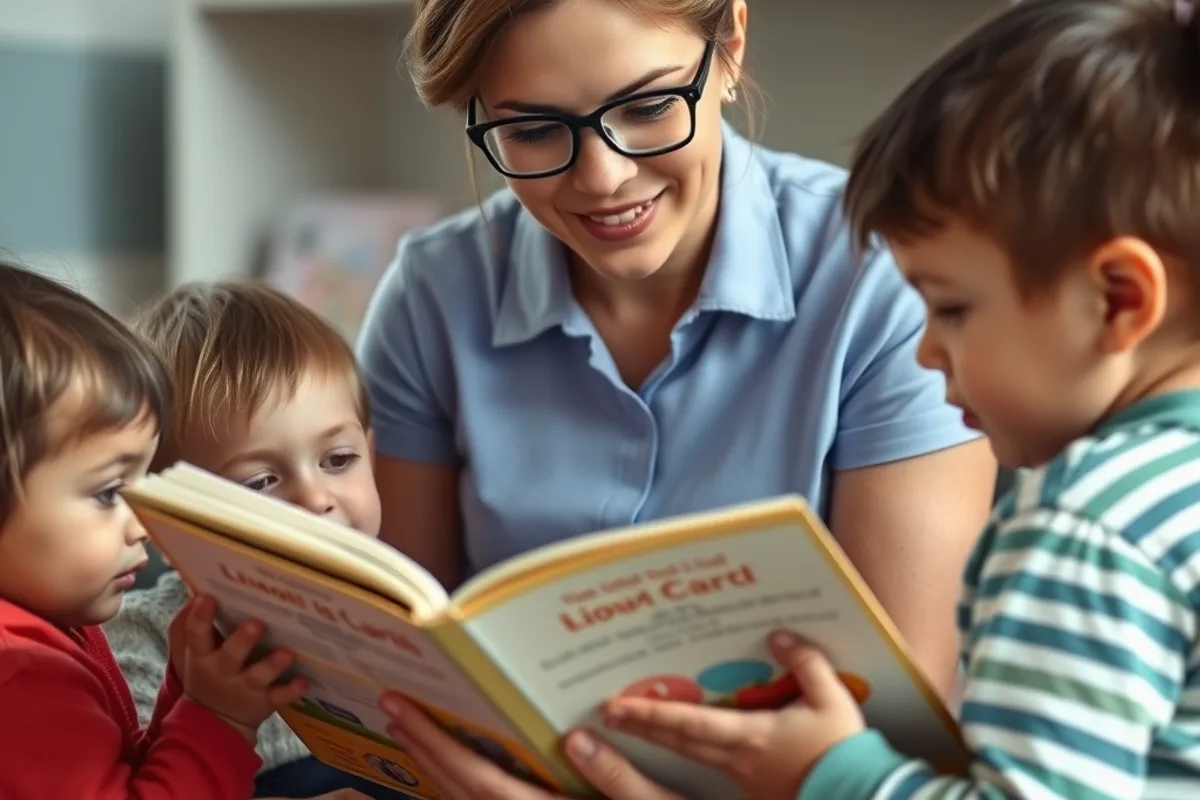 A childcare worker reading with a small group of children