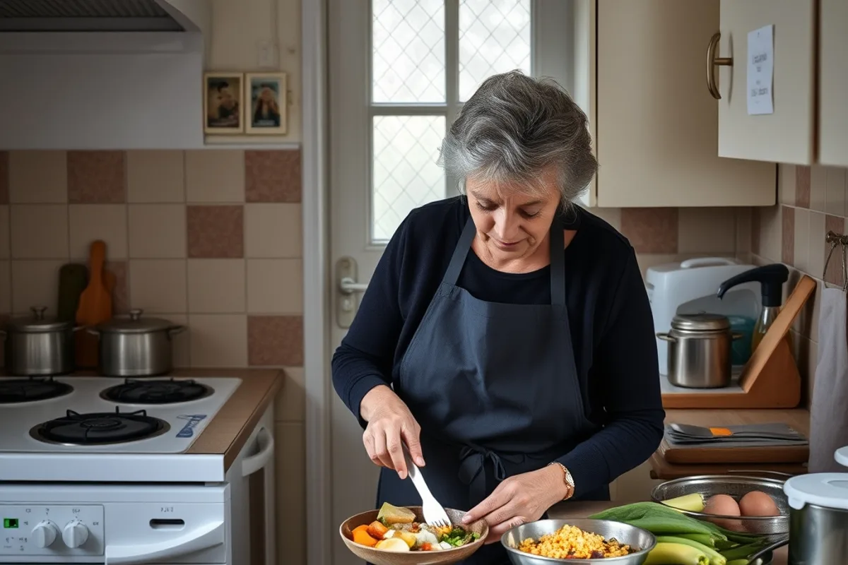 A home carer preparing a meal in a modest kitchen
