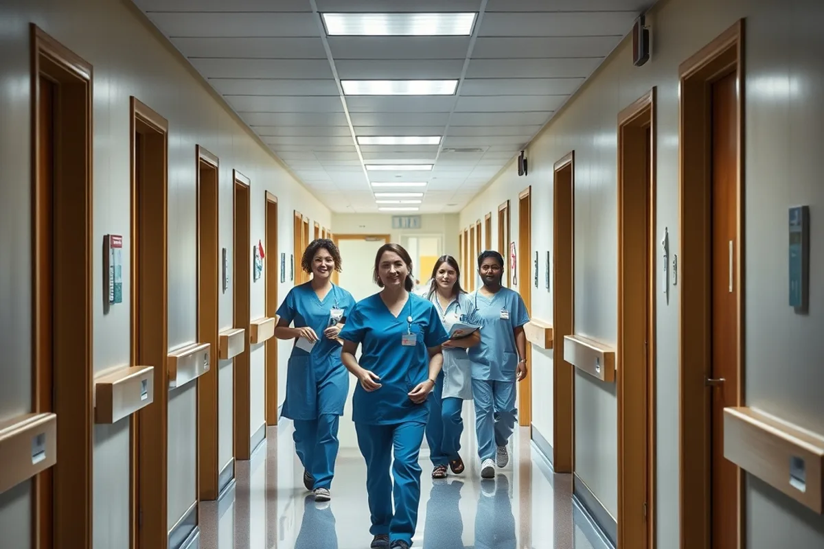 A hospital corridor with nurses walking between wards