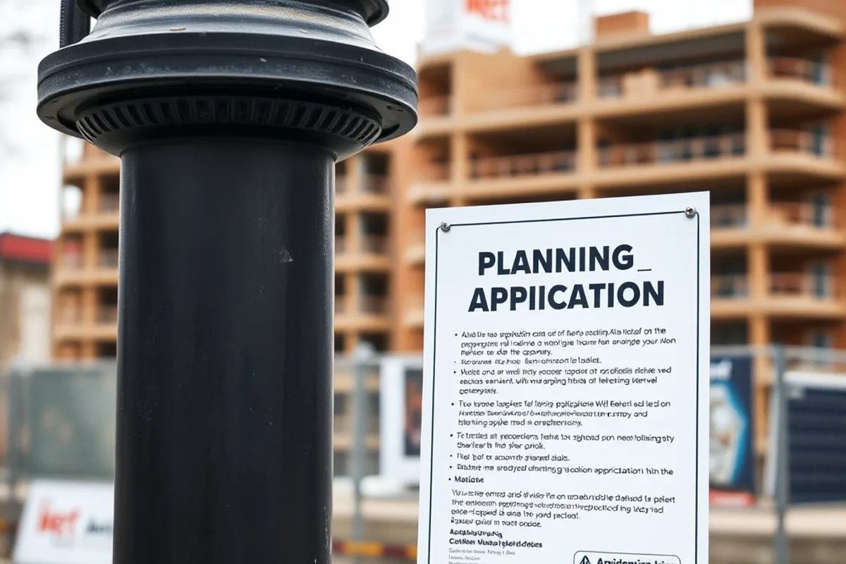 A planning application notice attached to a lamppost outside a building site