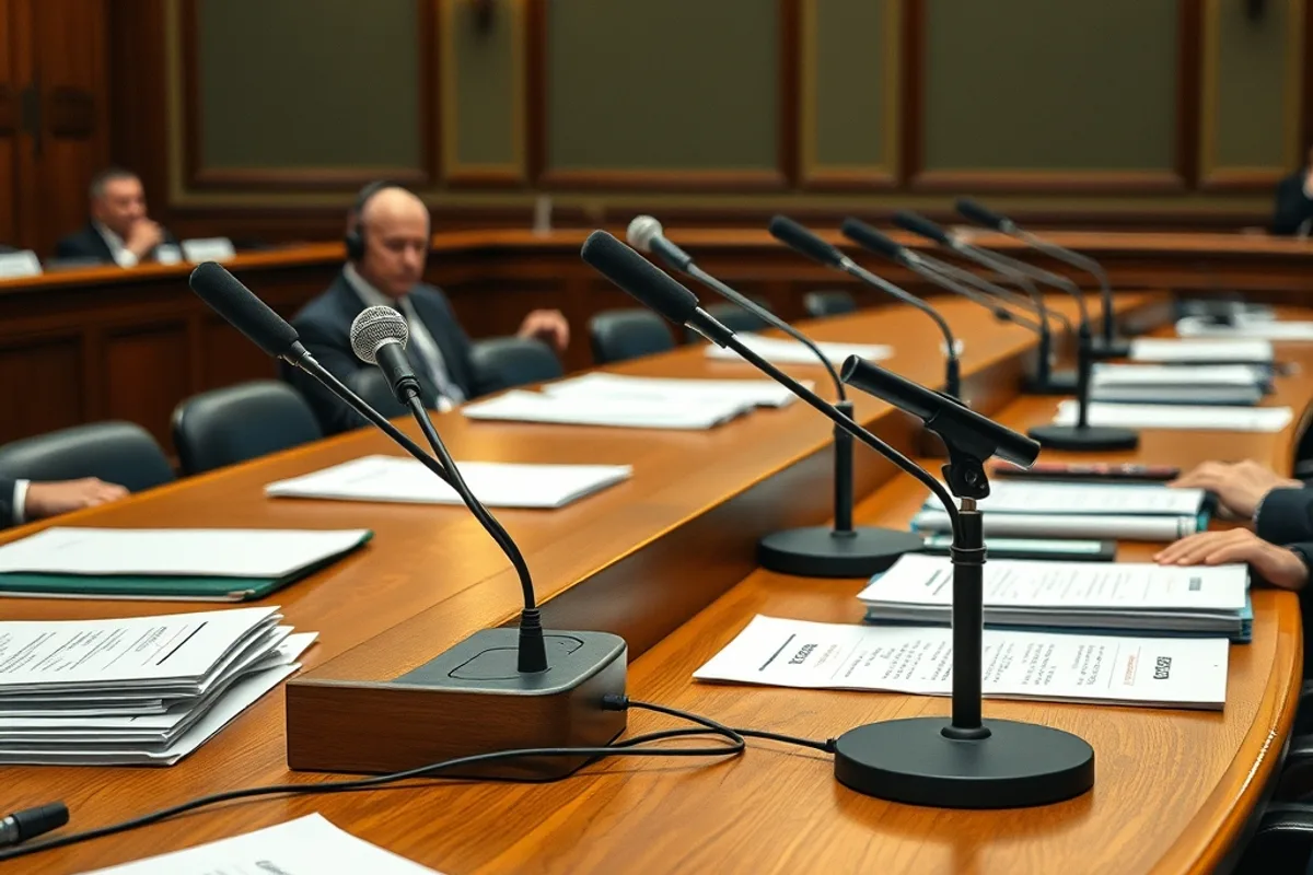 A council committee desk with microphones and printed agendas