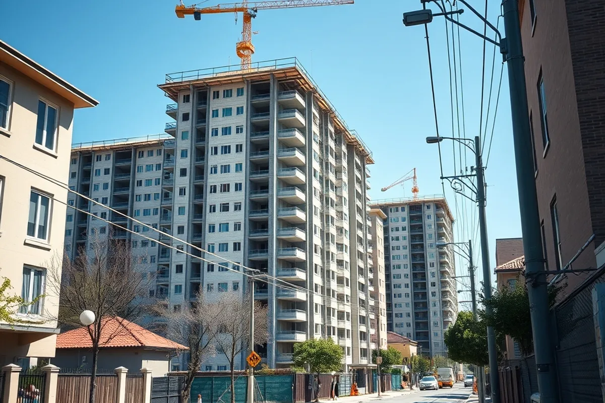 A neighbourhood street with new apartment buildings under construction