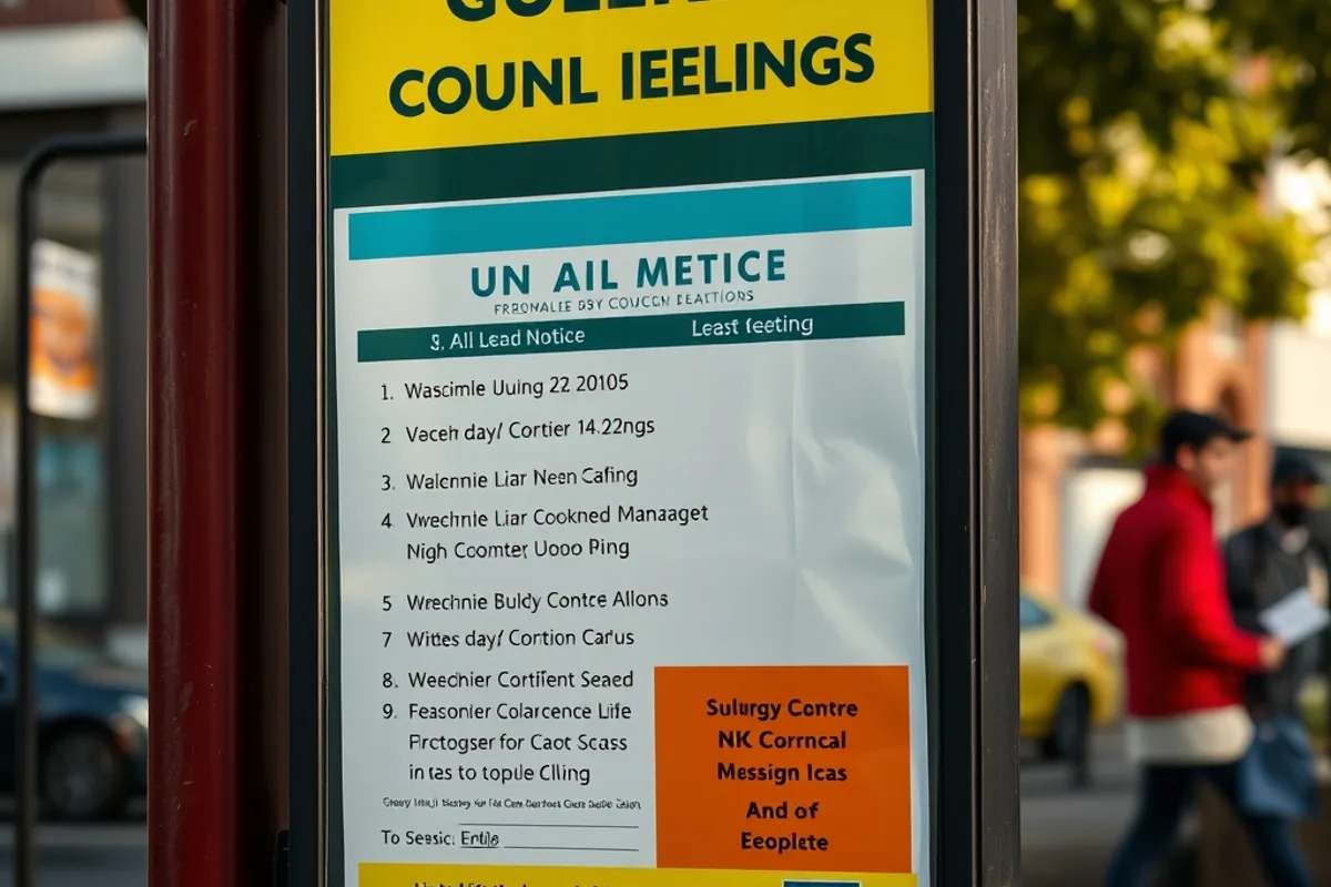 A public notice board listing upcoming council meetings