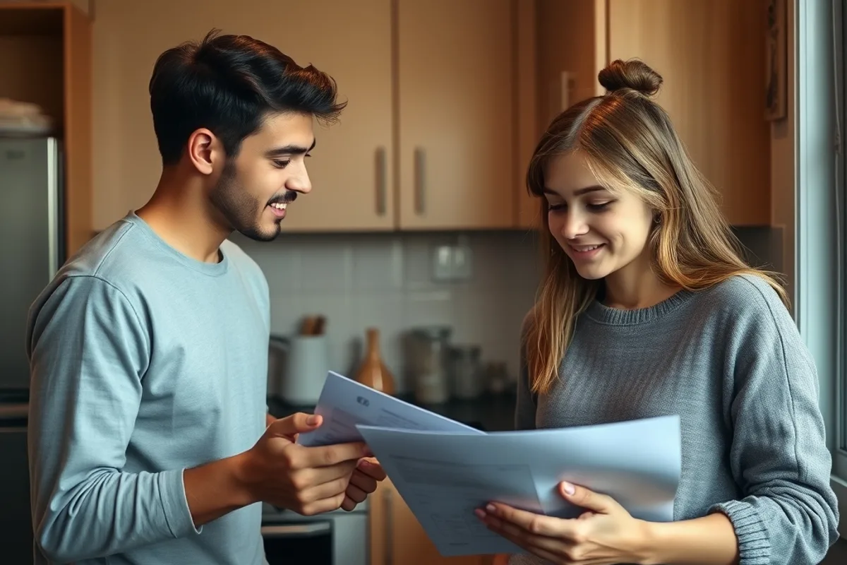 Young adults sharing a small apartment kitchen while checking bills