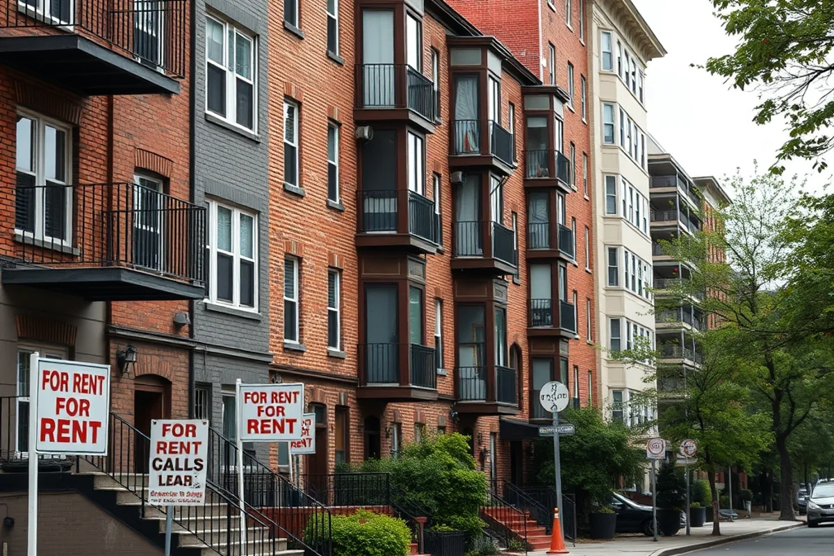 A row of apartment buildings with For Rent signs on a city street
