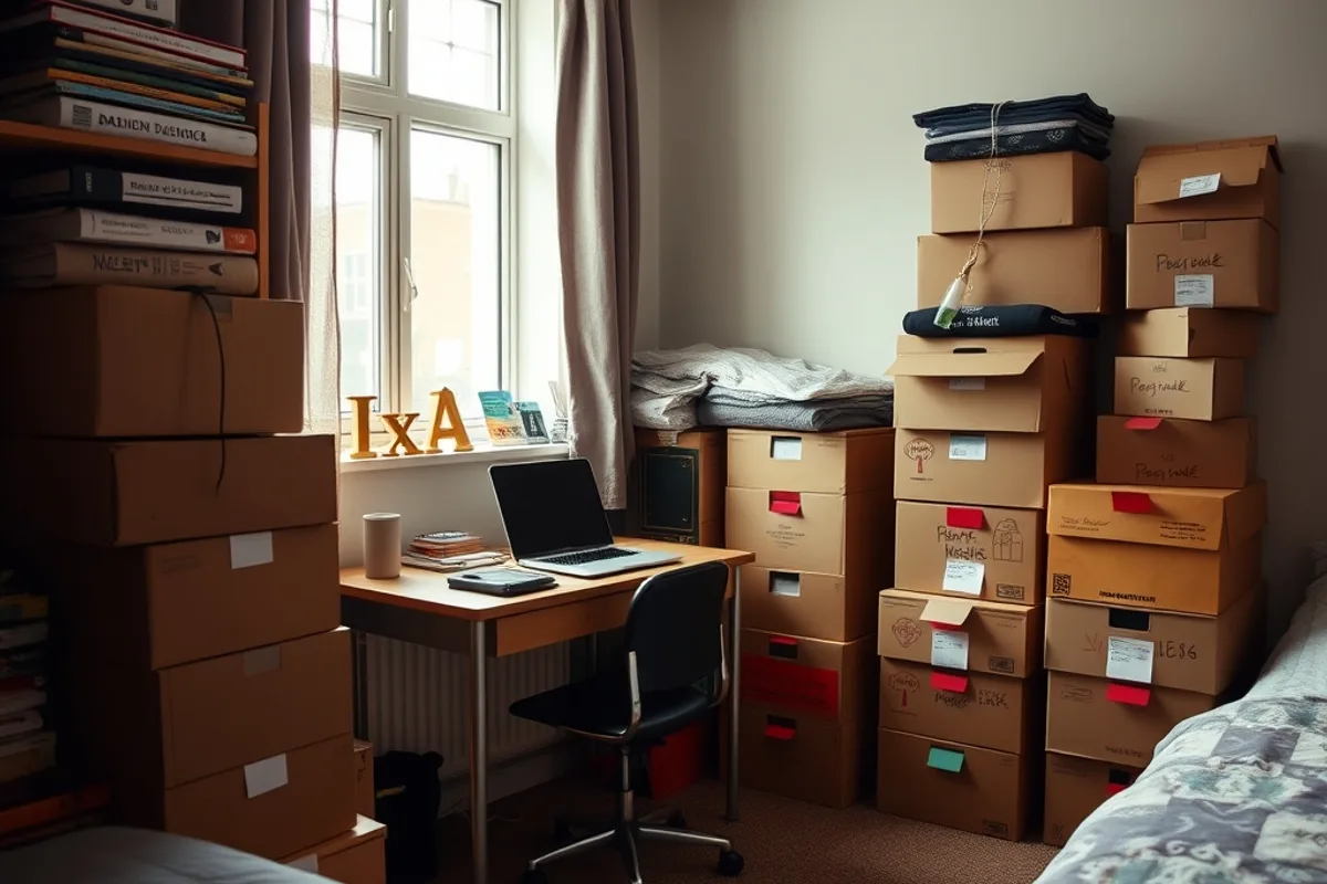 A bedroom in a shared house with stacked boxes and a laptop desk