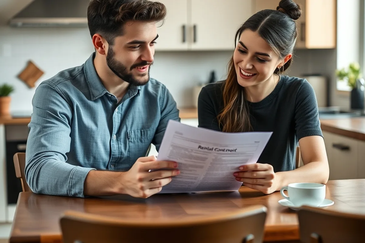 A young couple reviewing a rental contract at a kitchen table