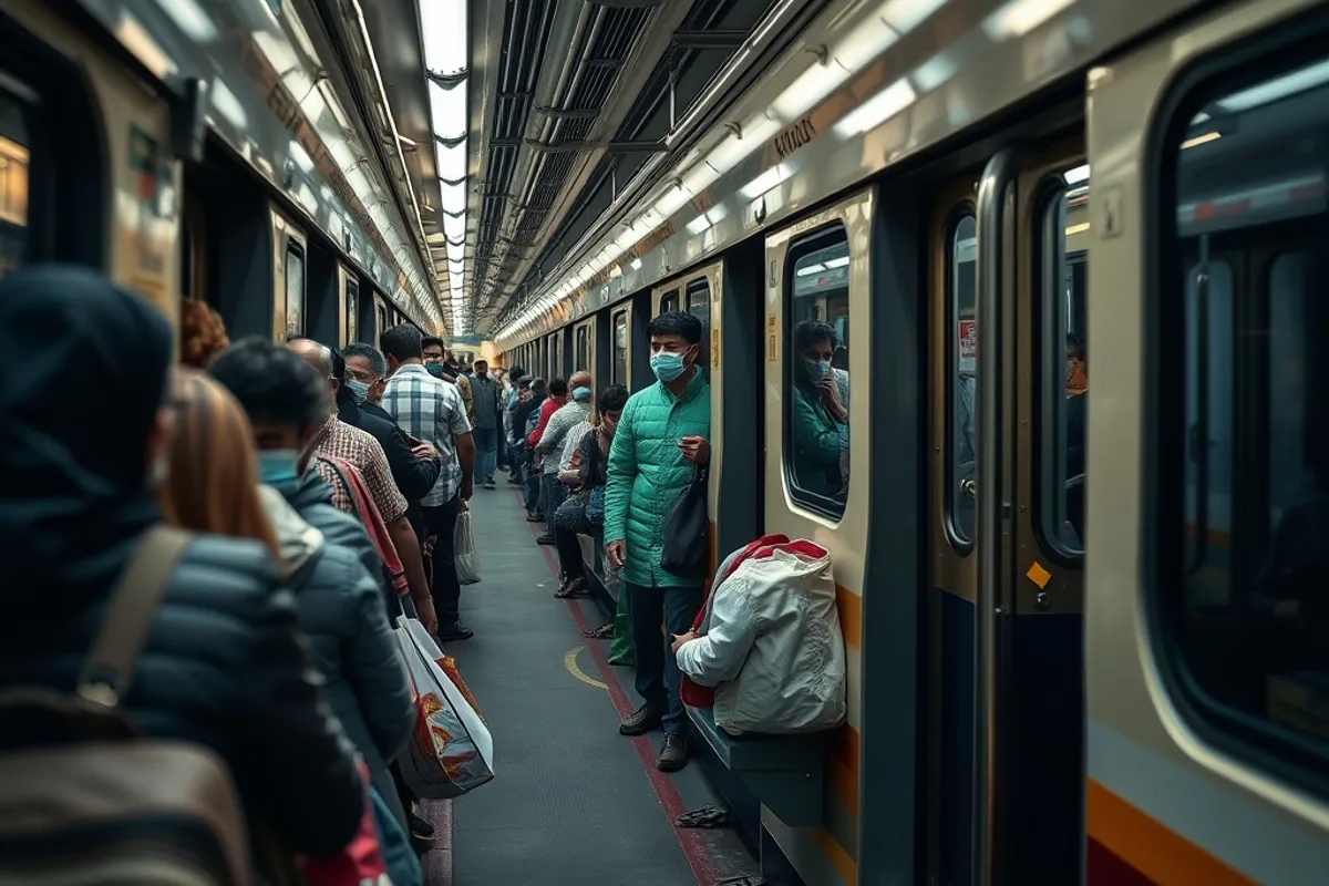 A commuter train carrying workers from a peripheral neighbourhood
