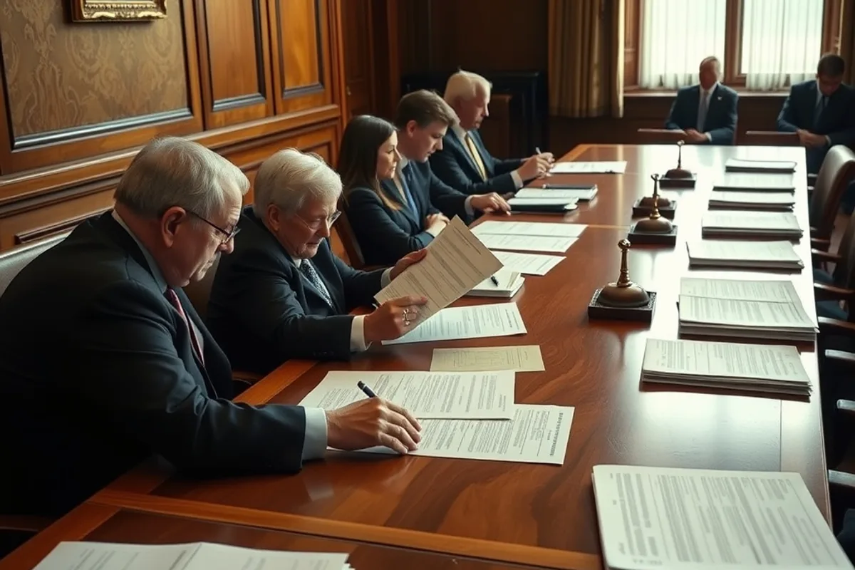 Officials reviewing printed budget documents around a long wooden committee table
