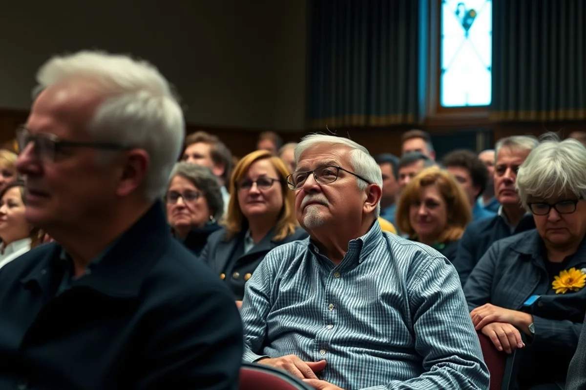 A town hall meeting where residents question a local spending plan