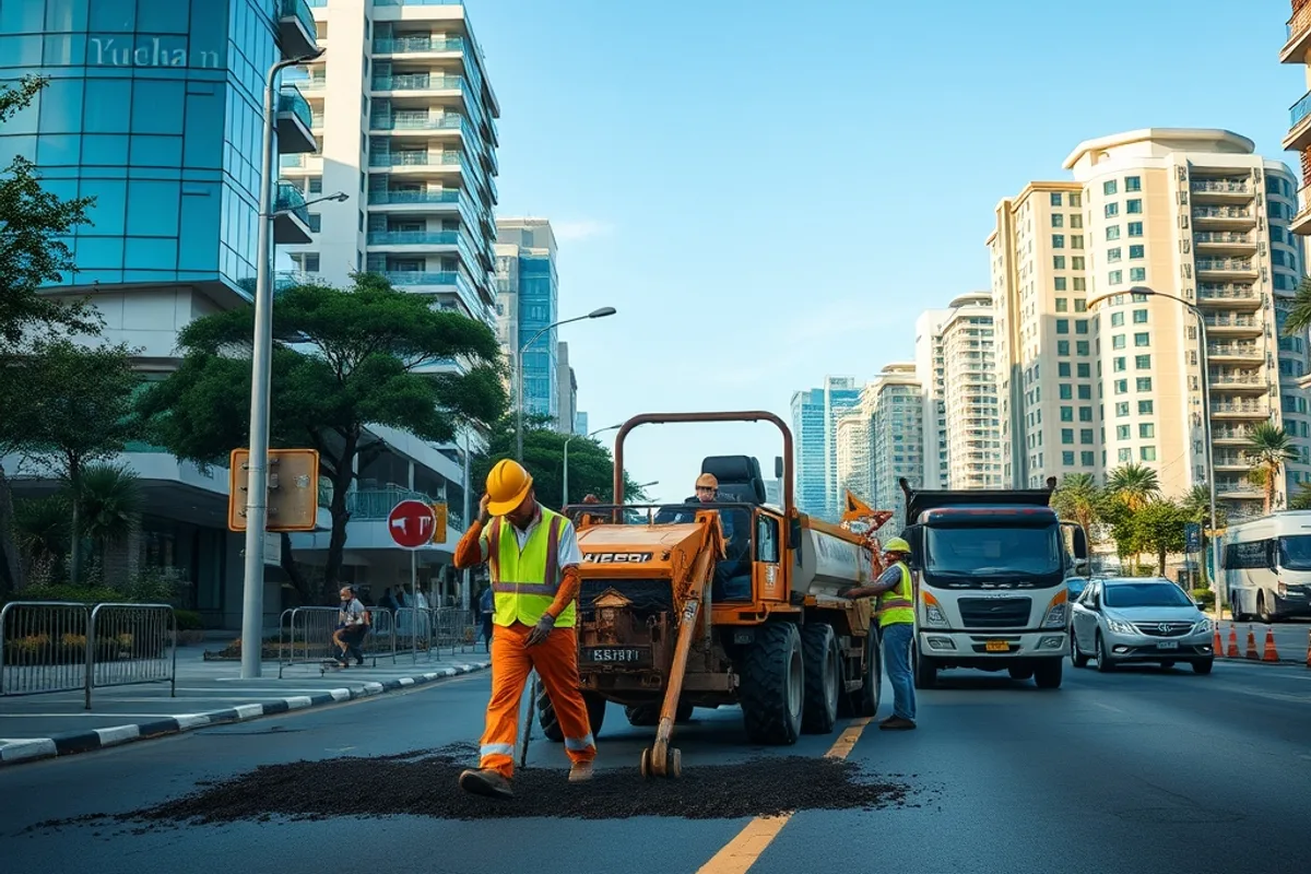 A road repair crew working on a city street at midday