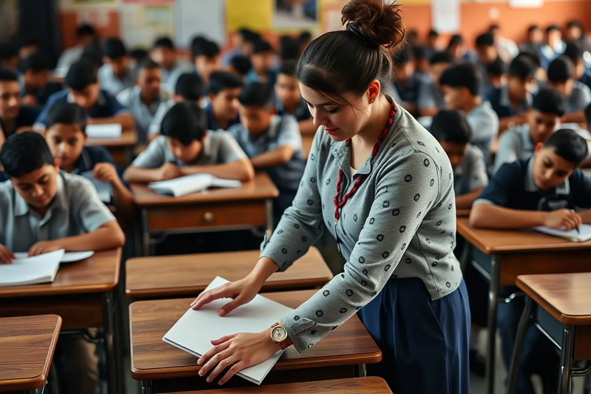 A teacher arranging desks in a crowded public school classroom