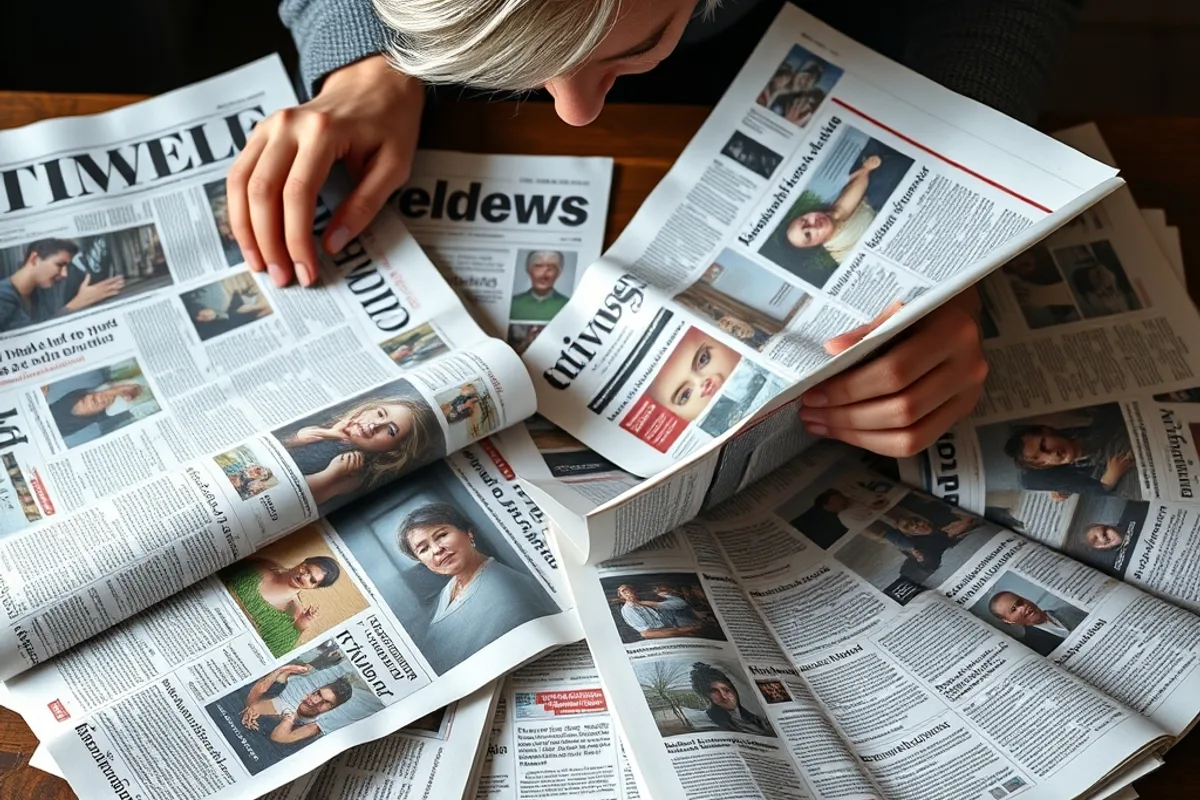 A reader comparing several newspapers spread across a table