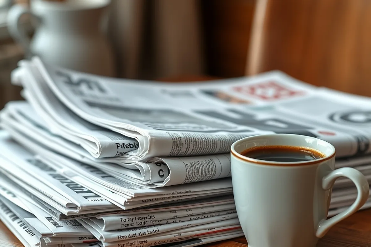 A stack of newspapers beside a cup of coffee in the morning