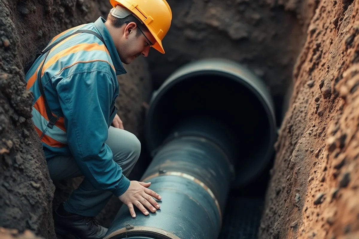 A utility worker inspecting a large water pipe in an open trench