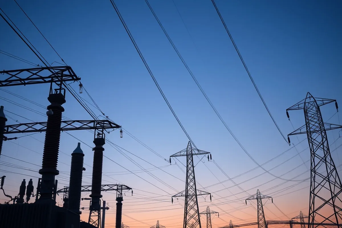 An electrical substation with transformers and power lines at dusk