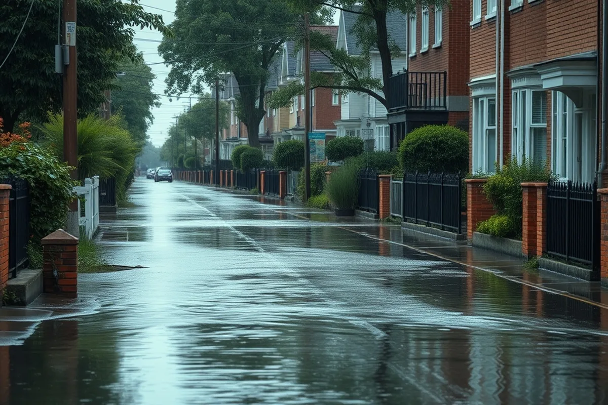 A flooded residential street after heavy rainfall