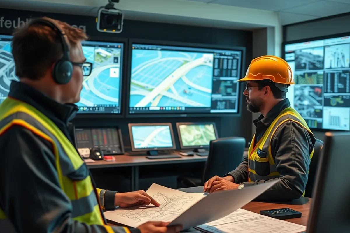 Engineers reviewing infrastructure plans in a control room