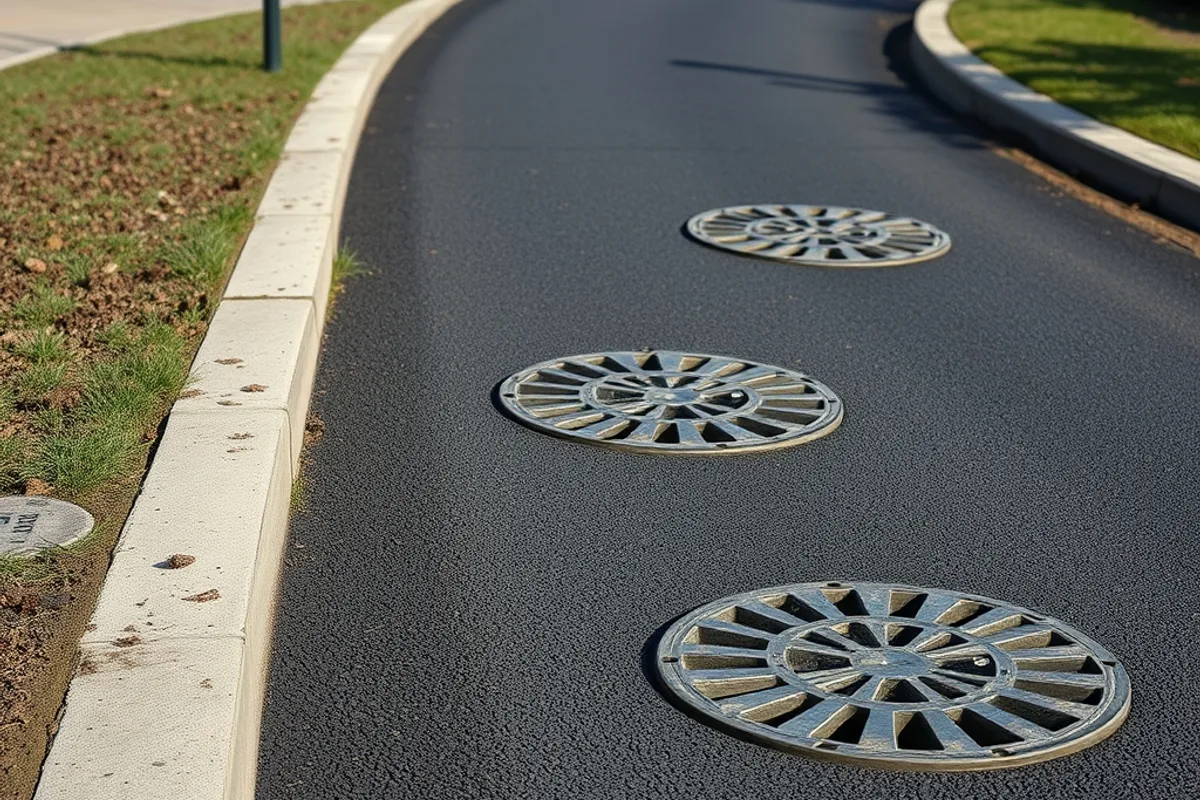 A repaired road surface with fresh asphalt and new drainage covers