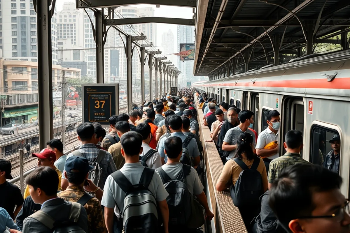 Commuters waiting on a crowded elevated train platform in a tropical megacity