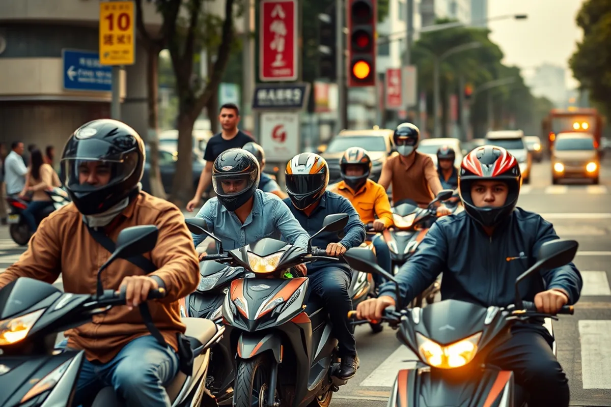 Motorbike riders queueing at a busy urban intersection during rush hour