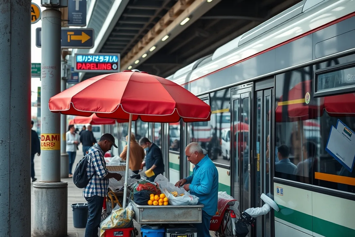 Street vendors working beside a bus rapid transit corridor