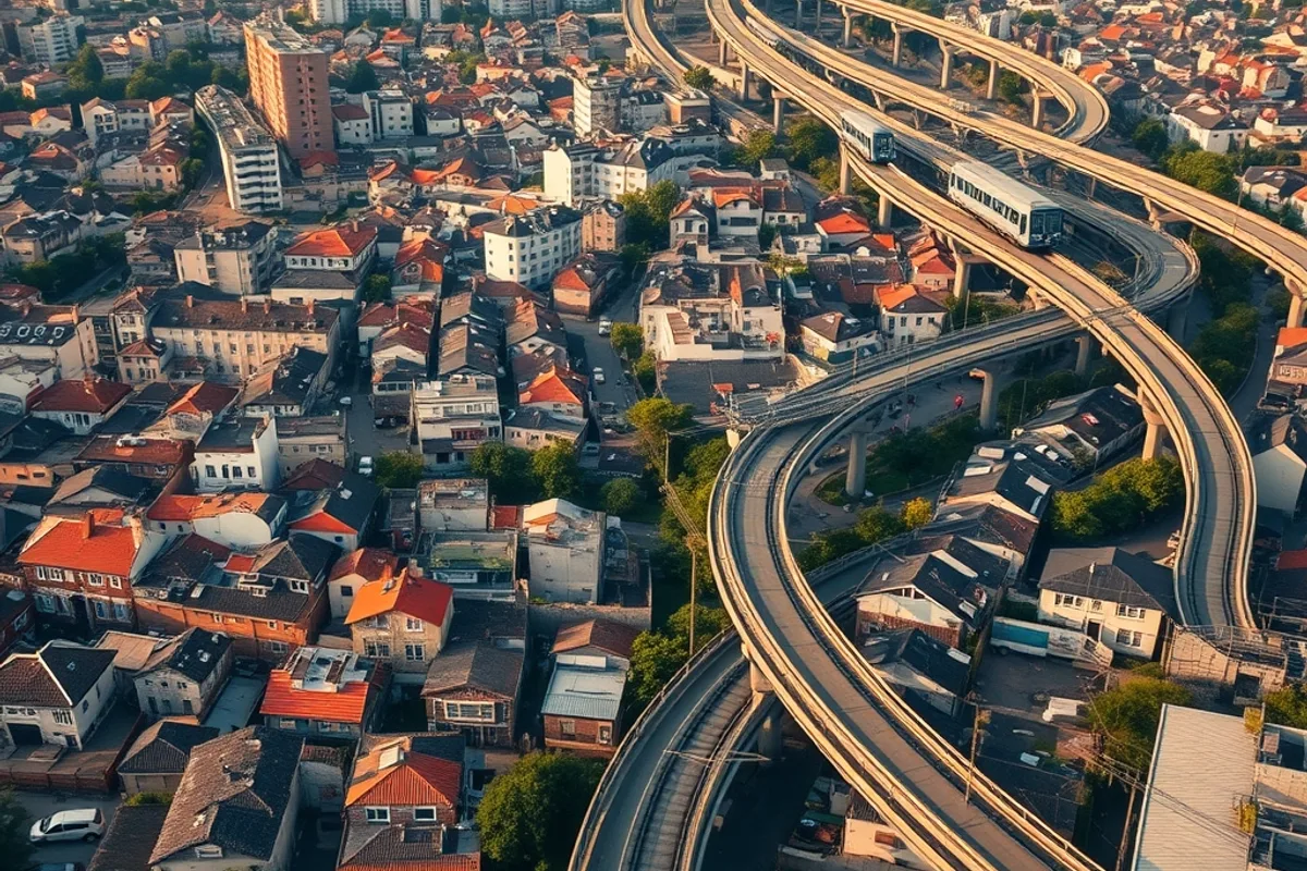 Aerial view of dense city housing and elevated transport lines