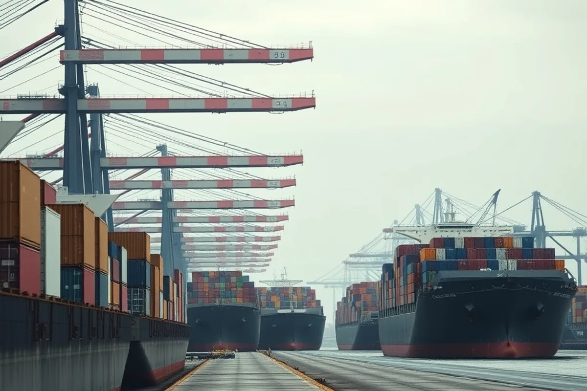 Container ships waiting at a large port terminal under grey morning light