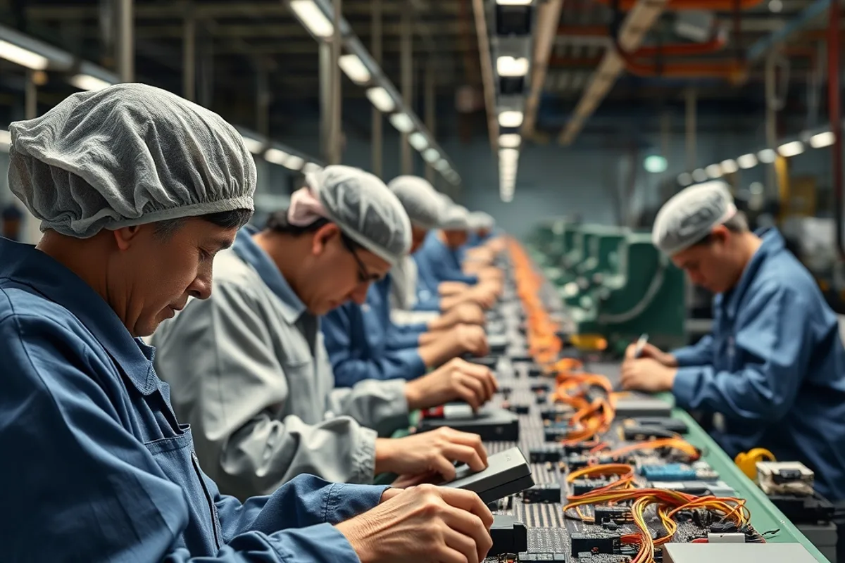 Workers assembling electronics on a factory production line