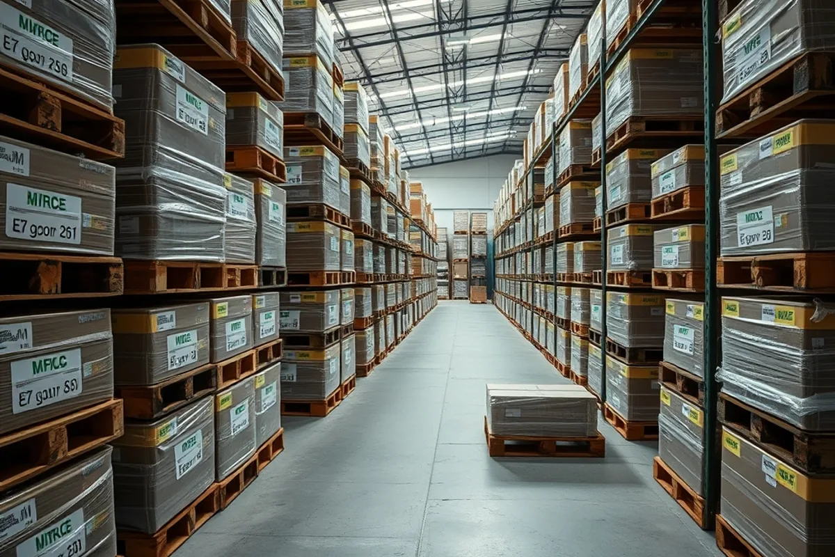 A warehouse interior stacked with labelled export pallets