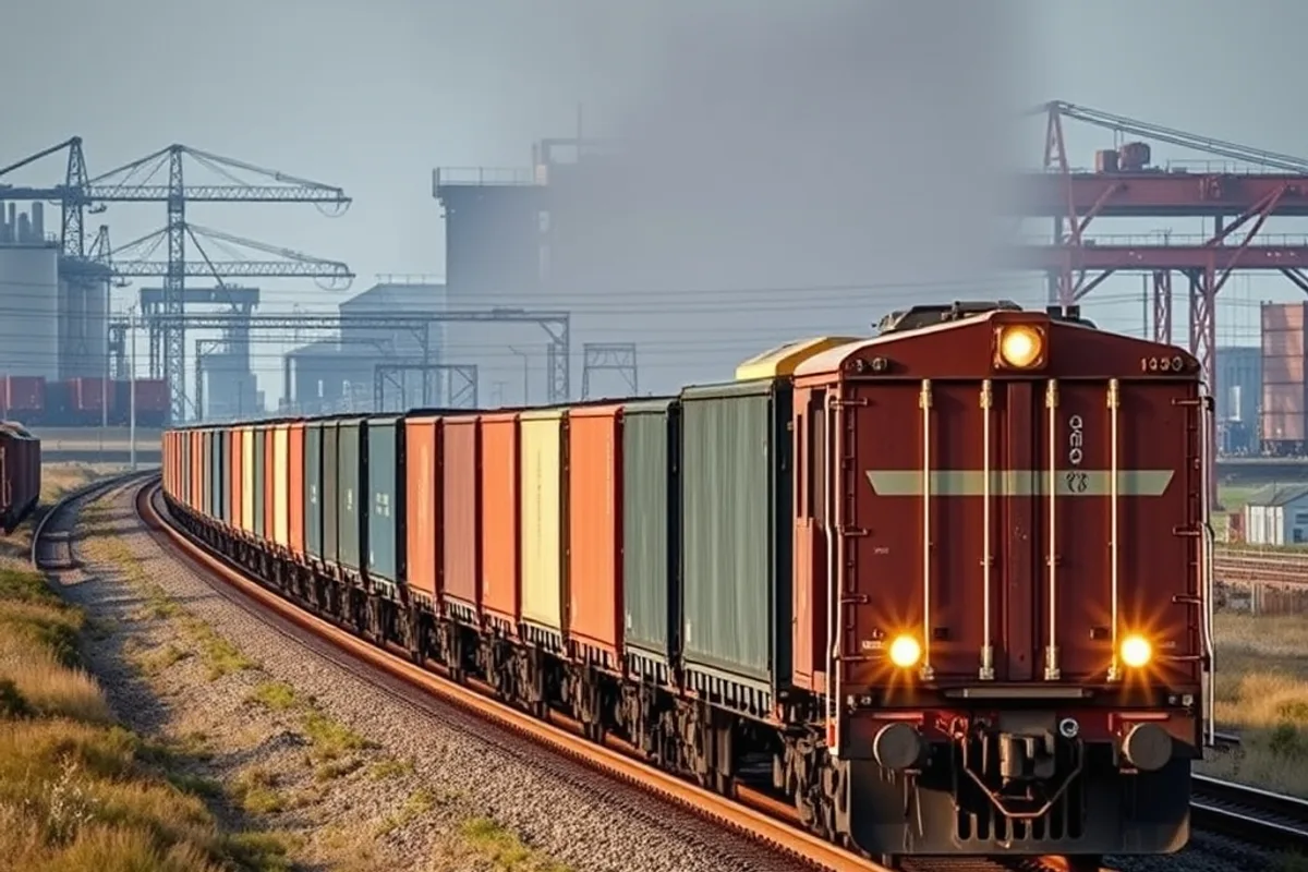 A freight train carrying containers through an industrial landscape