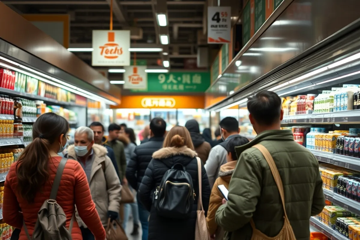 Shoppers comparing prices in a busy urban supermarket aisle