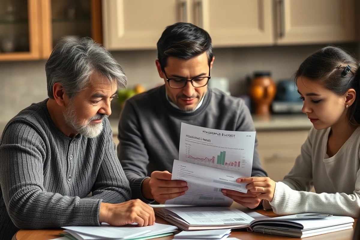 A family reviewing household bills and a budget at a kitchen table