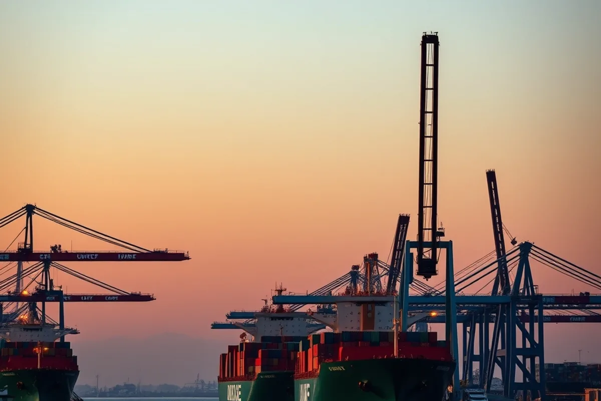 Cargo ships and cranes at a commercial port at sunset