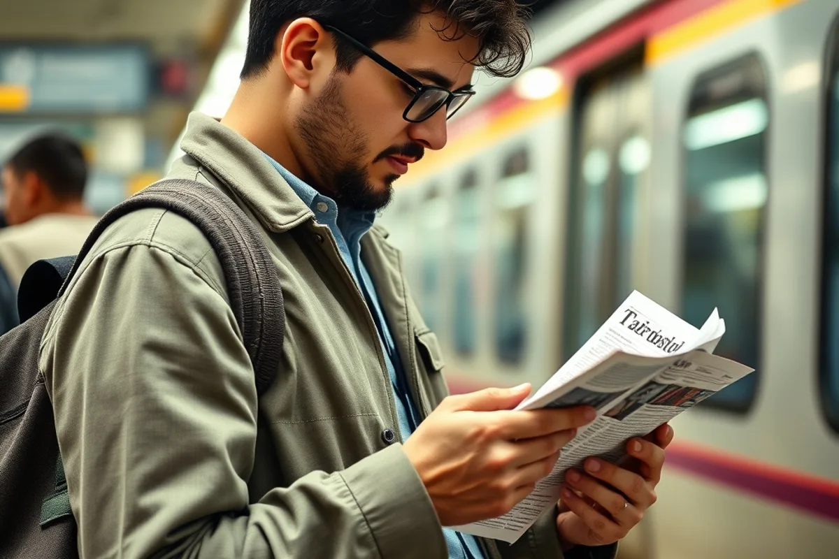 A commuter reading news on a phone while waiting for a train